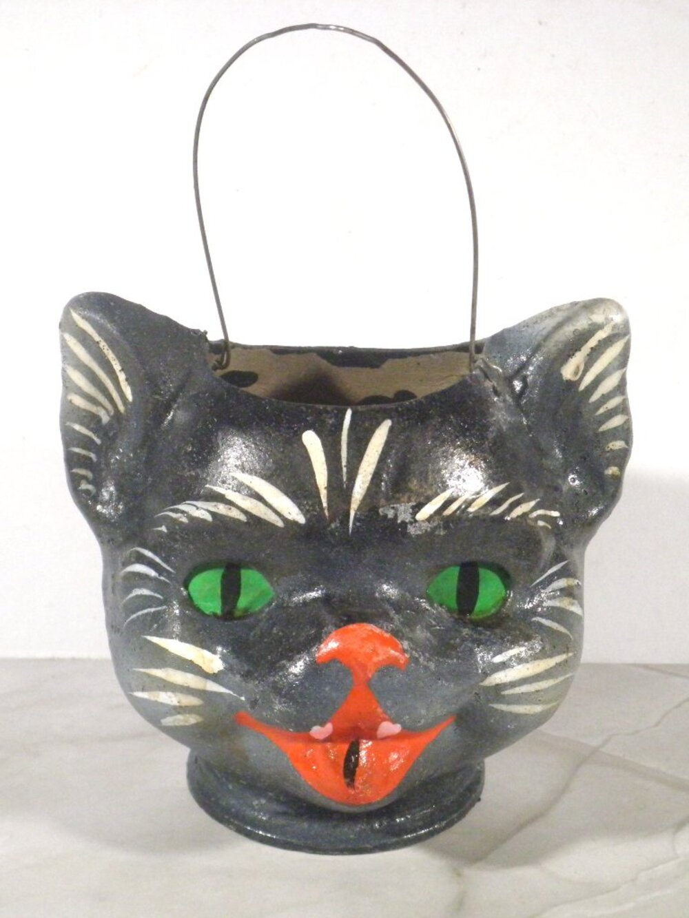 Vintage Halloween Paper Mache Black Cat Bucket Container - German